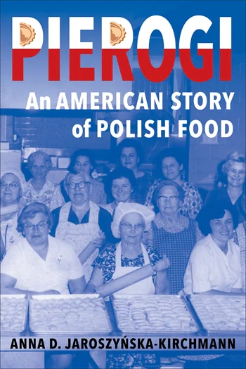 Book cover, blue filter over image of Polish-American immigrants in a perogi shop. 